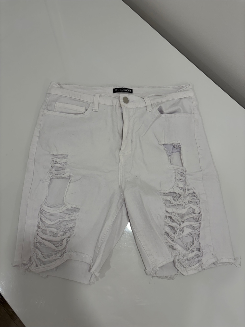 Fashion Nova White Distressed Ripped Denim Shorts